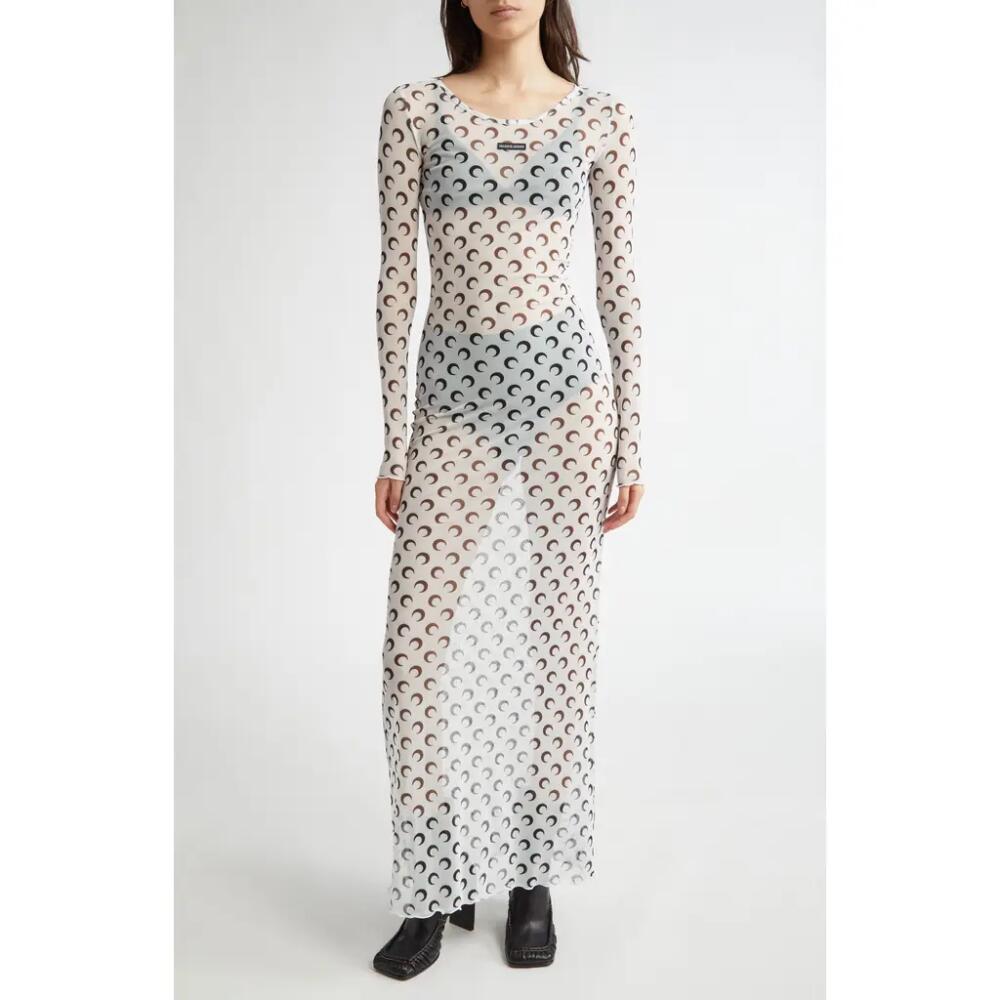 Marine Serre Moon Print Sheer Long Sleeve Mesh Dress in Optical White Cover