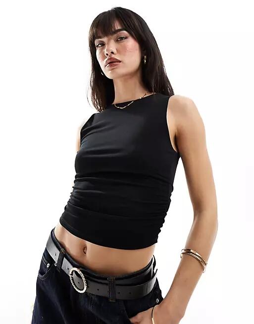 Stradivarius boat neck ruched side tank top in black Cover