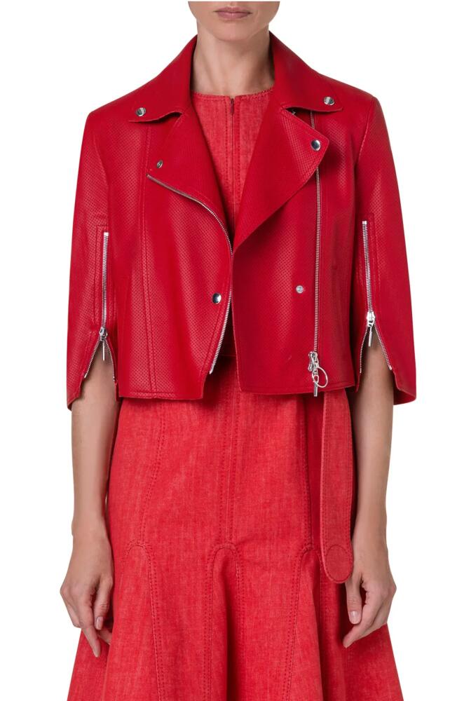 Akris punto Perforated Lambskin Leather Crop Moto Jacket in Red Cover