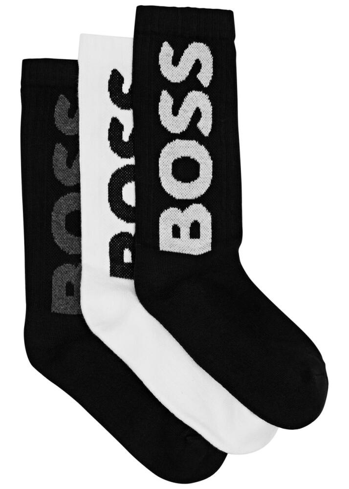 Boss Logo-intarsia Cotton-blend Socks - set of Three - Black Cover