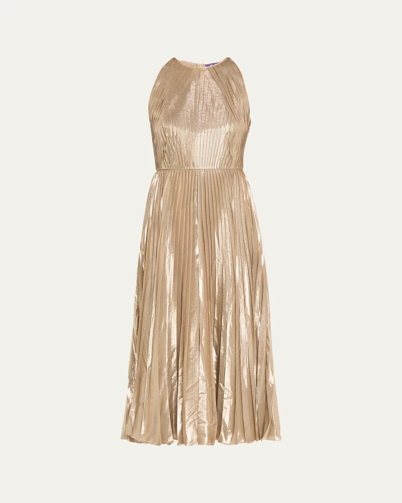 Ralph Lauren Collection Abigail Pleated Halter Metallic Cocktail Dress Cover