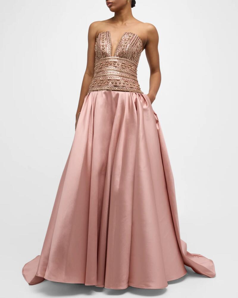 Pamella Roland Strapless Beaded Drop-Waist Mikado Gown Cover