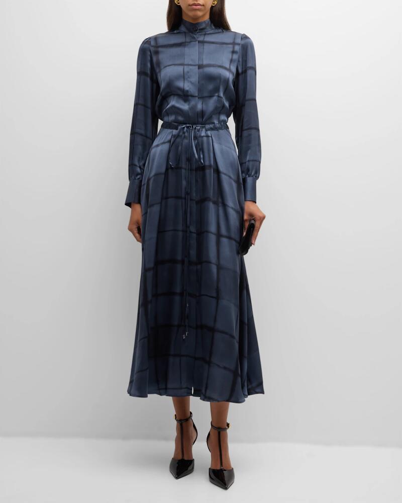 Kiton Grid-Print Silk Long-Sleeve Belted Maxi Dress Cover