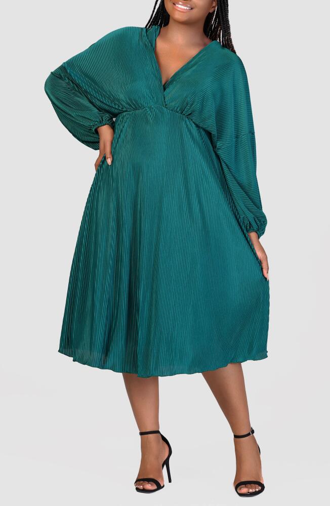 24seven Comfort Apparel Pleat Long Sleeve Fit & Flare Dress in Hunter Cover