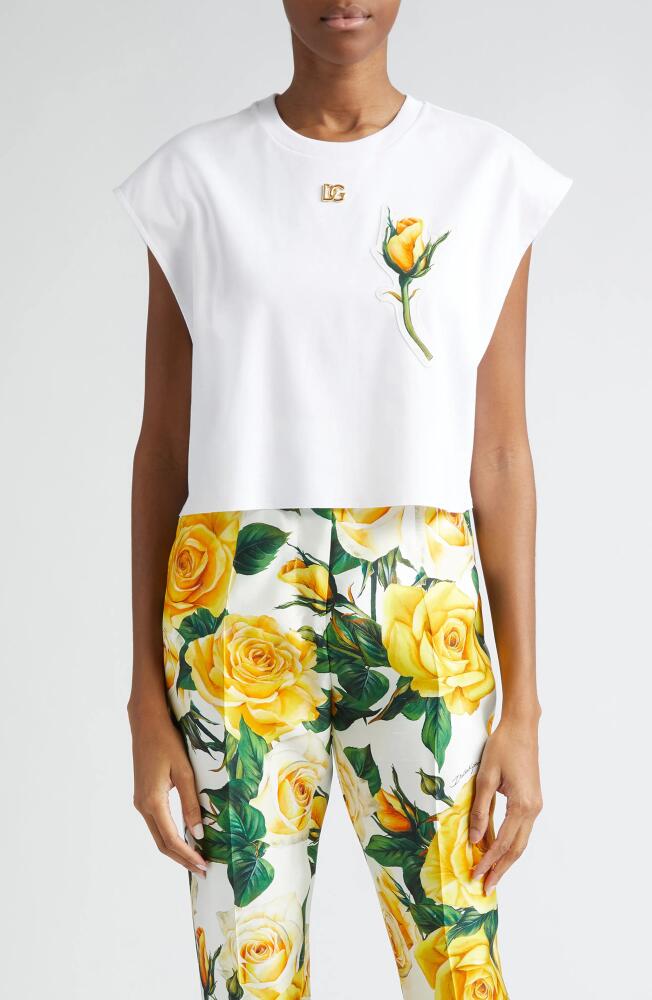 Dolce & Gabbana Rose Appliqué Crop Cotton T-Shirt in Bianco Ottico Cover