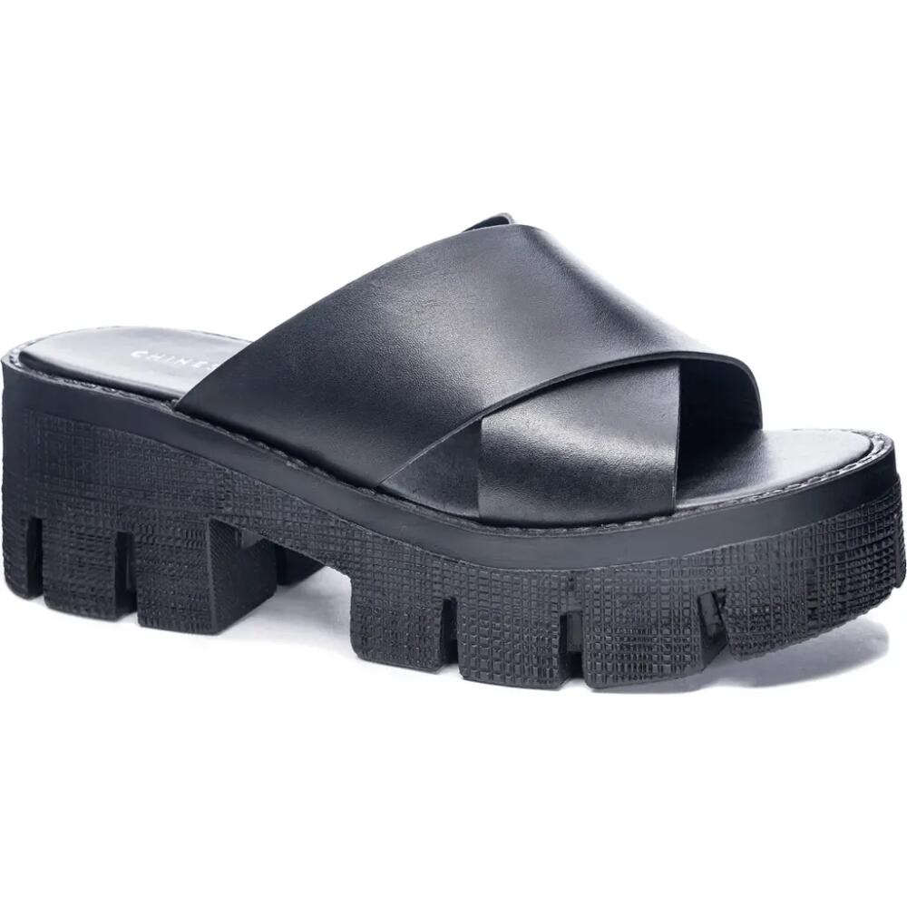 Chinese Laundry Lock Down Platform Slide Sandal in Black Leather Cover