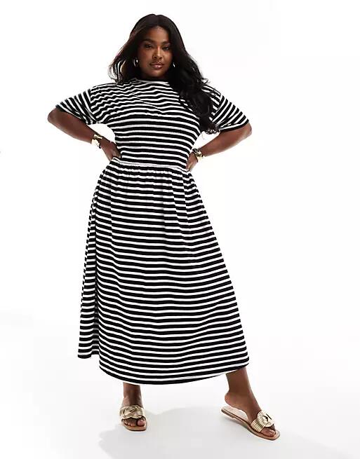 ASOS DESIGN Curve t-shirt midi dress with shirred bust in monochrome stripe-Multi Cover