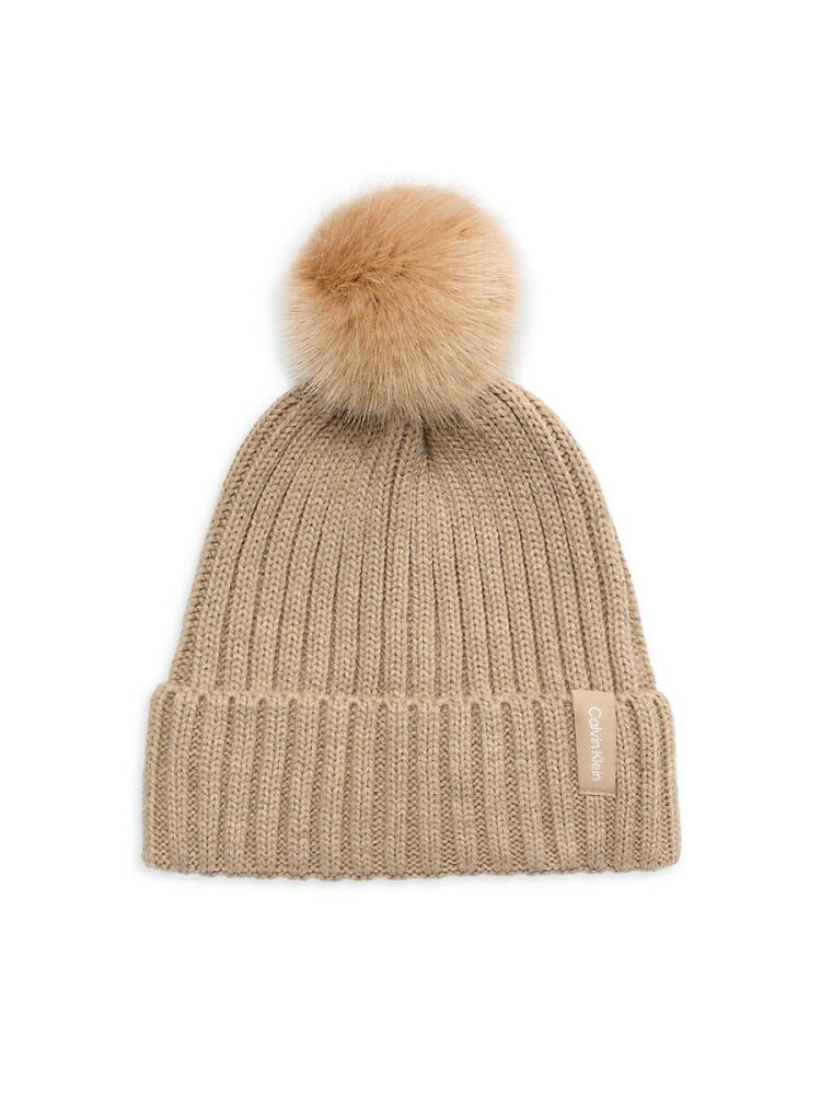 Calvin Klein Women's Faux Fur Pom Pom Ribbed Beanie - Grey Cover