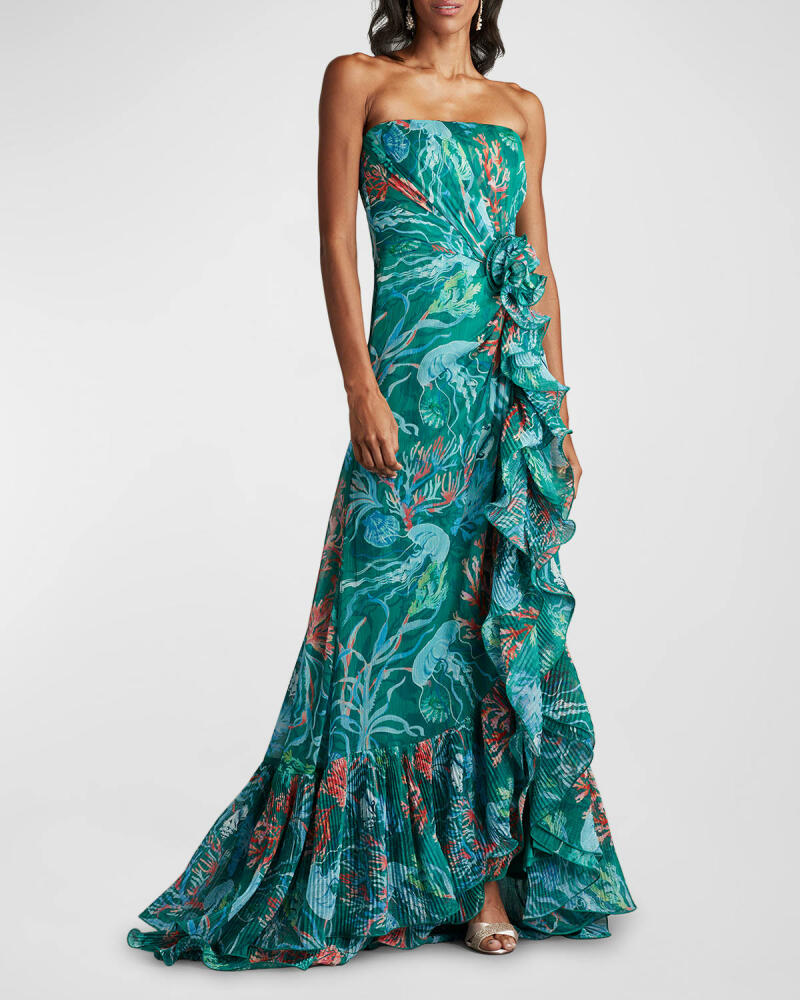 Tadashi Shoji Strapless Pleated Ruffle A-Line Gown Cover