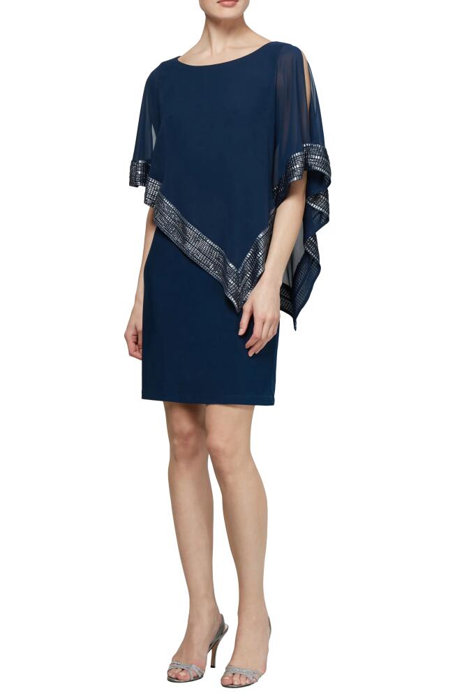 SL FASHIONS Foil Trim Asymmetrical Popover Capelet Sheath Dress in Navy Silver Cover