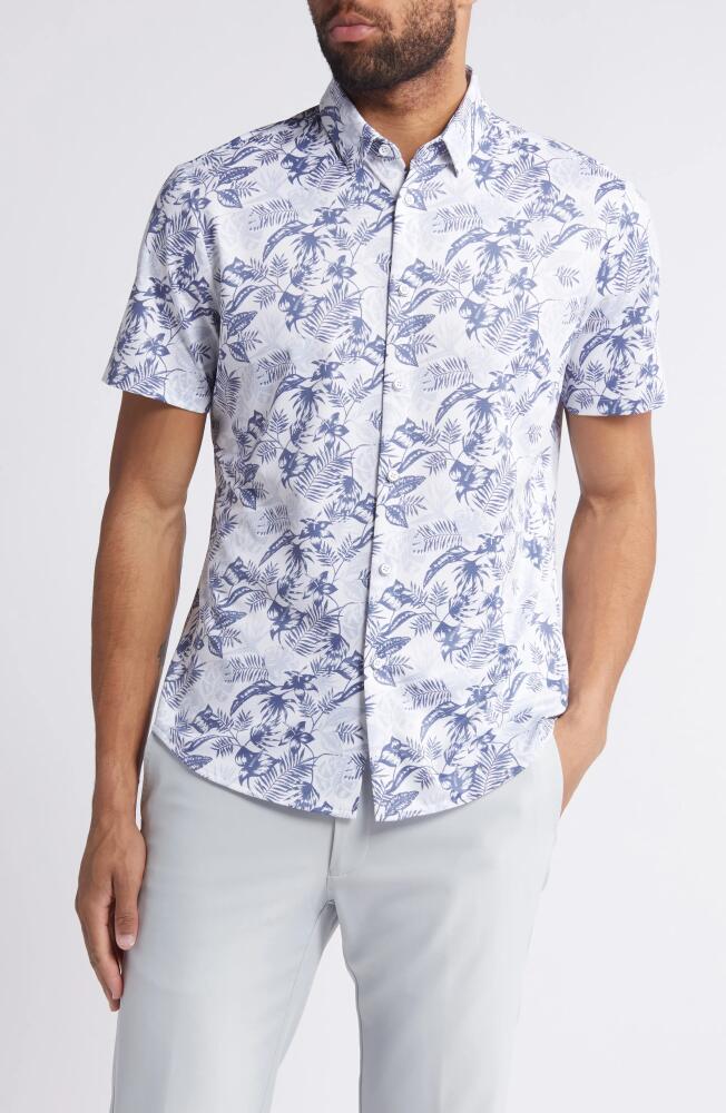 Mizzen+Main Halyard Trim Fit Print Short Sleeve Performance Knit Button-Up Shirt in White Palm Cover