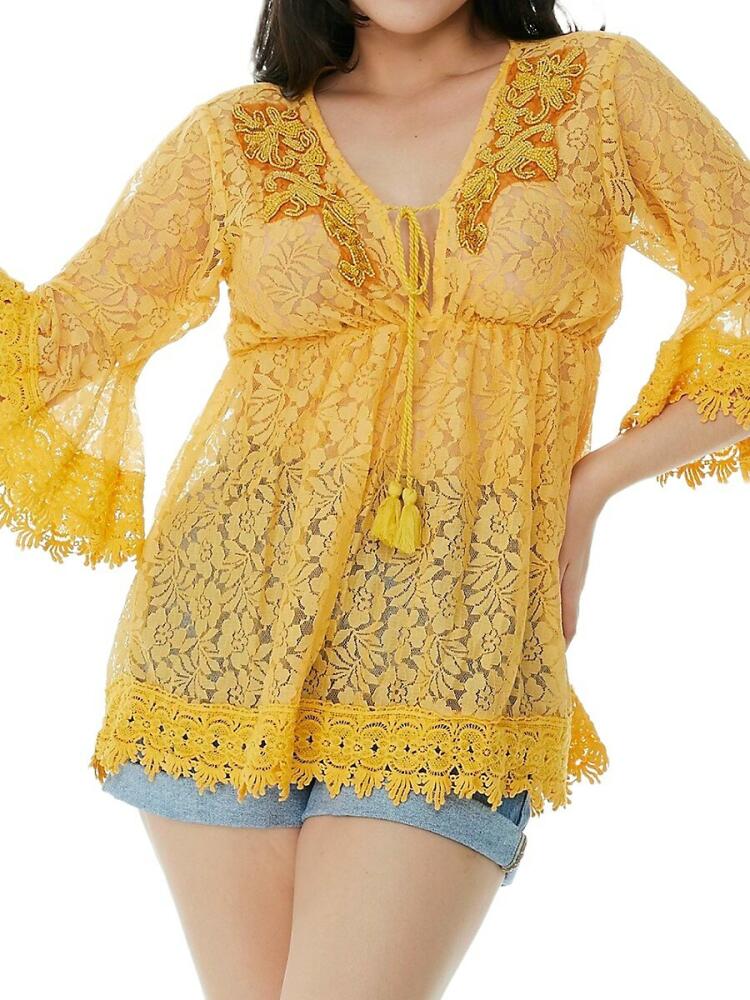 Ranee's Women's Floral Lace Sheer Cover Up Top - Yellow Cover