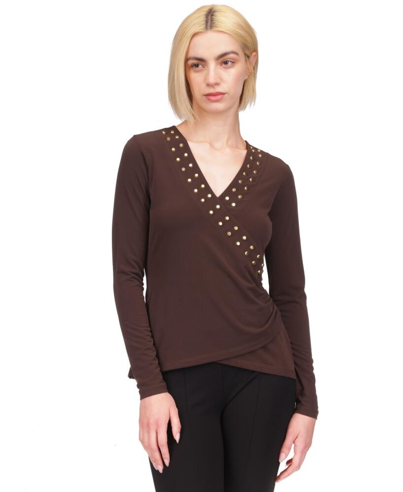 Michael Michael Kors Women's Astor Studded Faux-Wrap Top - Chocolate Cover