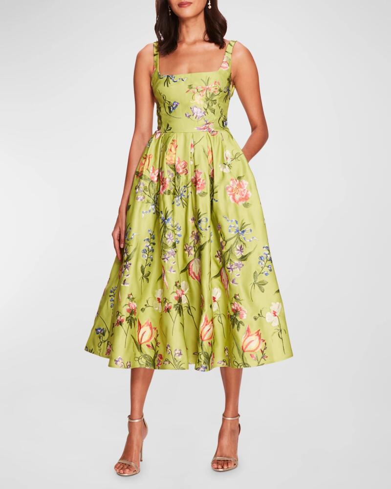 Marchesa Notte Floral Square-Neck A-Line Midi Dress Cover