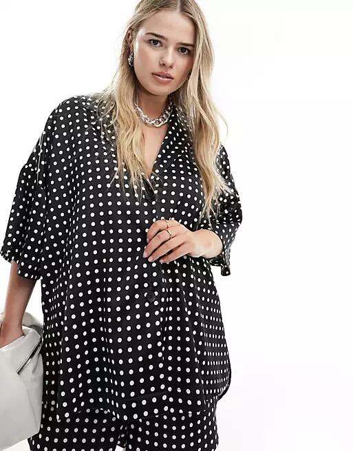 ASOS DESIGN Curve satin camp collar shirt in mono spot print - part of a set-Multi Cover