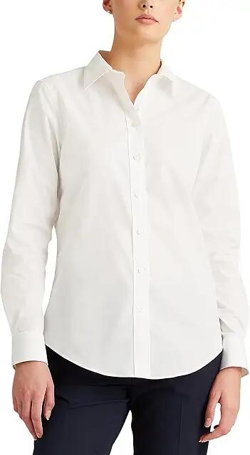 LAUREN Ralph Lauren Easy Care Stretch Cotton Shirt (White) Women's Short Sleeve Button Up Cover