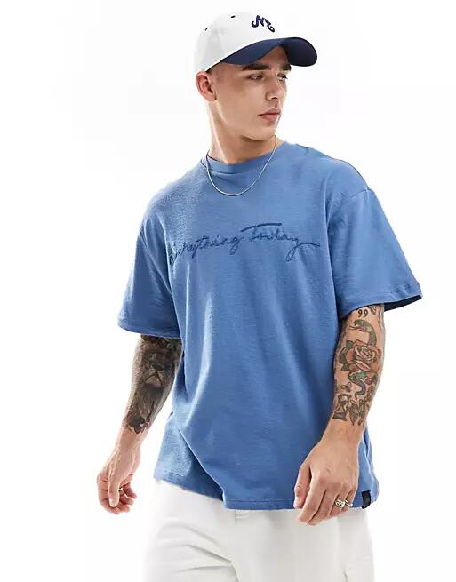 Pull & bear everything today embroidered t-shirt in blue-Gray Cover