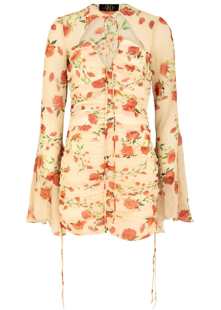 DE LA Vali Lorena Floral-print Ruched Chiffon Mini Dress - Cream Cover