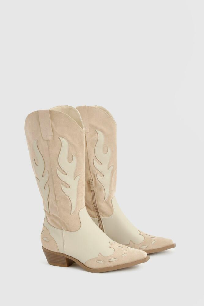 boohoo Womens Contrast Panel Western Cowboy Boots - Beige Cover