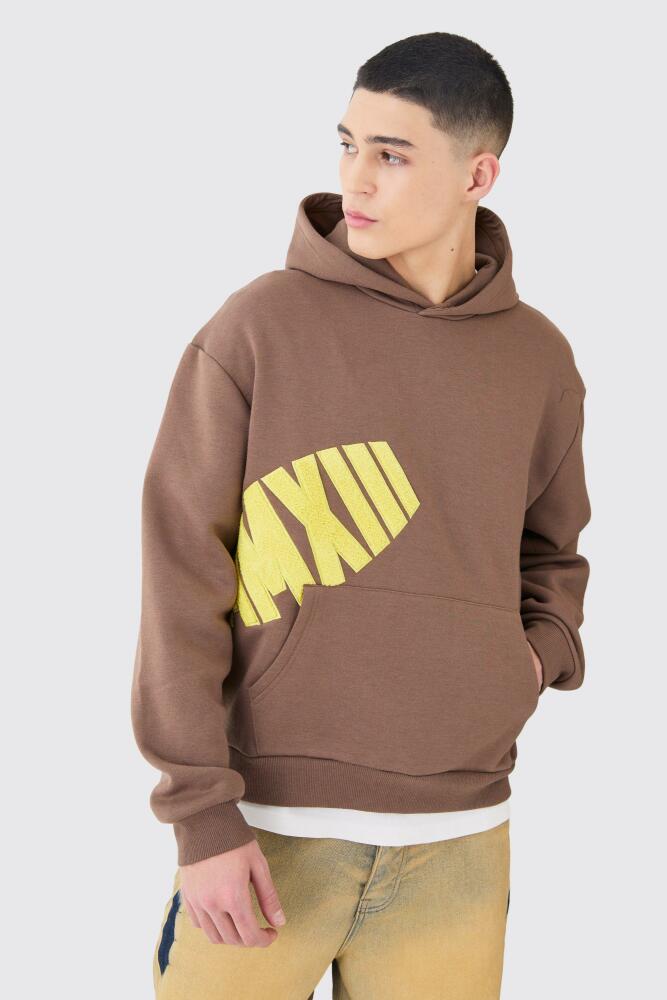 boohoo Mens Oversized Boxy Borg Applique Hoodie - Brown Cover