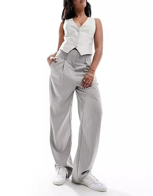 Vero Moda tailored high rise relaxed straight leg pants with belt loop detail in gray pinstripe Cover