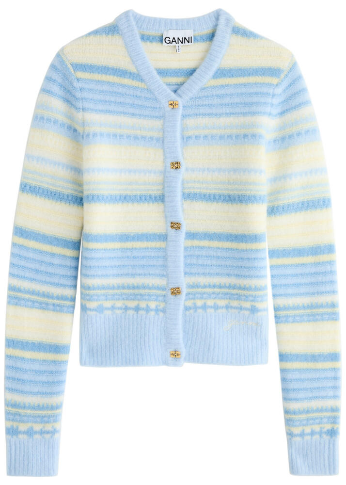 Ganni Striped Wool-blend Cardigan - Light Blue Cover