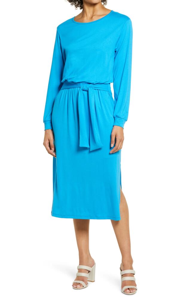 Fraiche by J Tie Waist Long Sleeve Midi Dress in Blue Cover