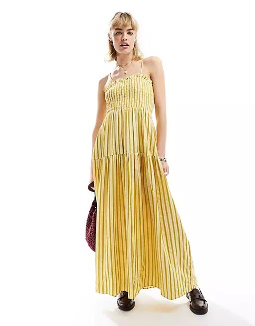 Glamorous shirred bust cami volume maxi smock dress in yellow stripe Cover