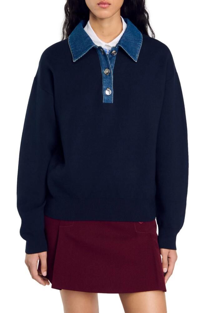 SANDRO Sweater with denim collar in Navy Blue Cover