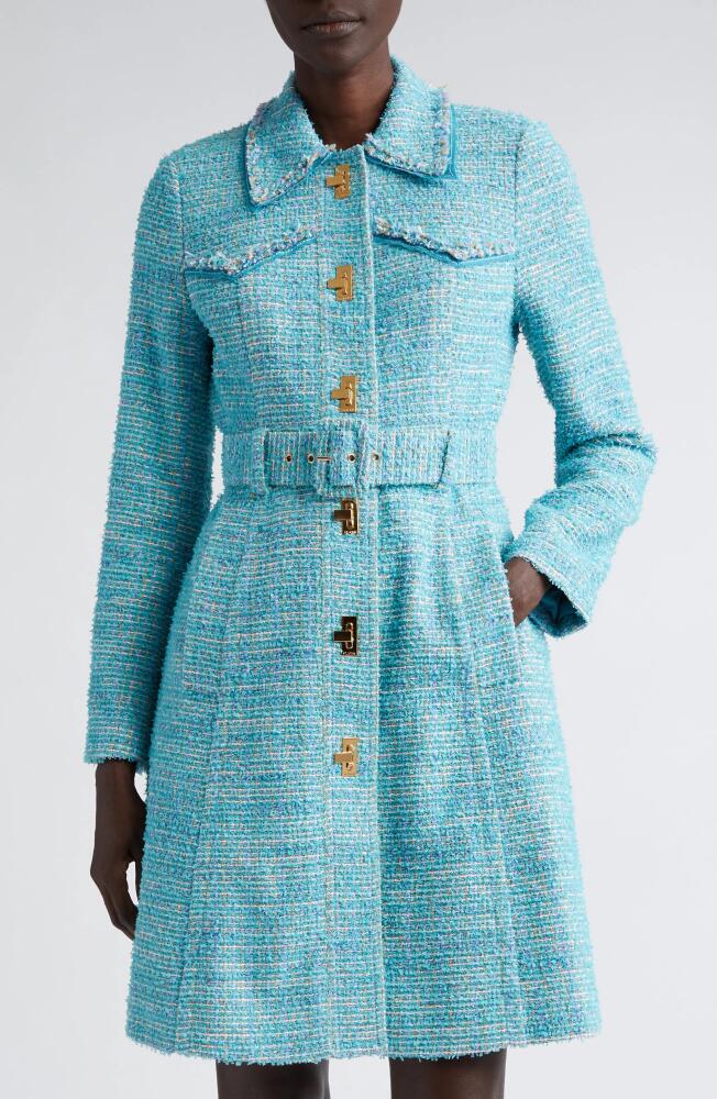 St. John Collection Belted Longline Eyelash Tweed Jacket in Dark Teal/Sage Multi Cover