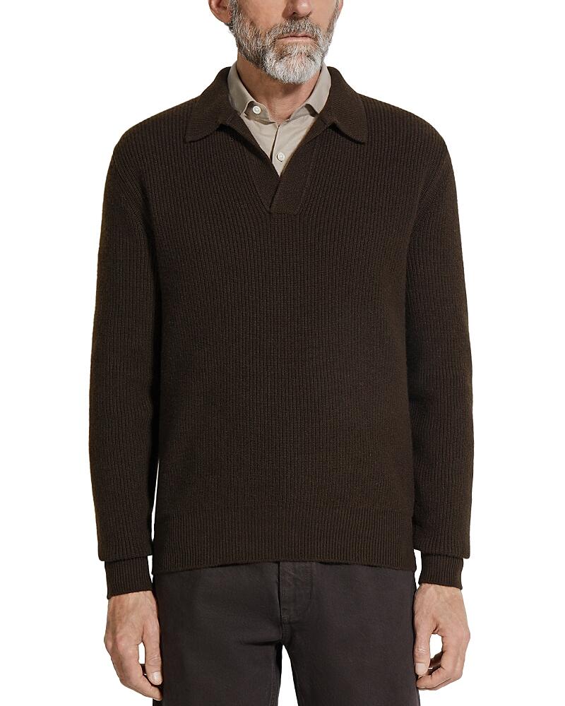 Zegna Melange Oasi Cashmere Textured Long Sleeve Polo Shirt Cover