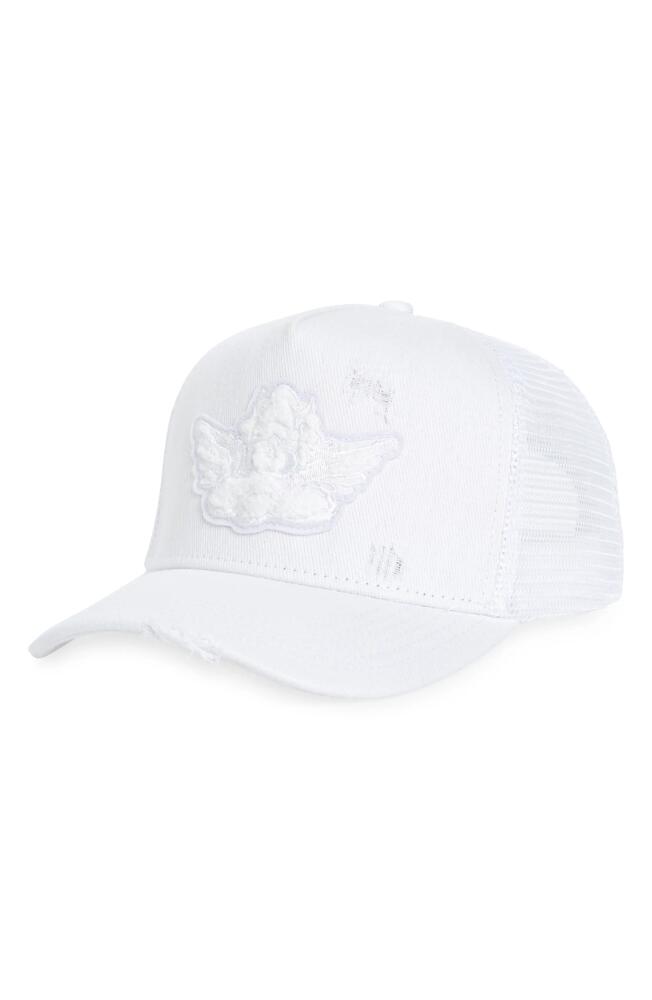 BOYS LIE Distressed Denim Trucker Hat in White Cover