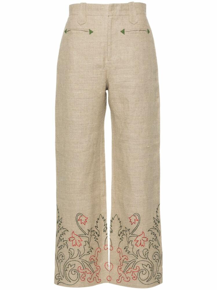 BODE floral-embroidered linen trousers - Neutrals Cover