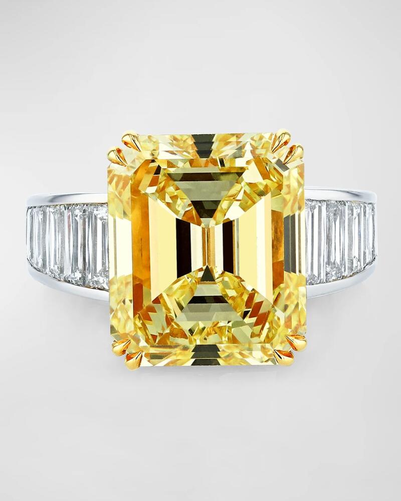 Neiman Marcus Diamonds Platinum and 18K Yellow Gold Yellow Emerald Cut Diamond Ring with White Diamond Trapezoid Channel Sides, Size 6.5, 30.64tcw Cover