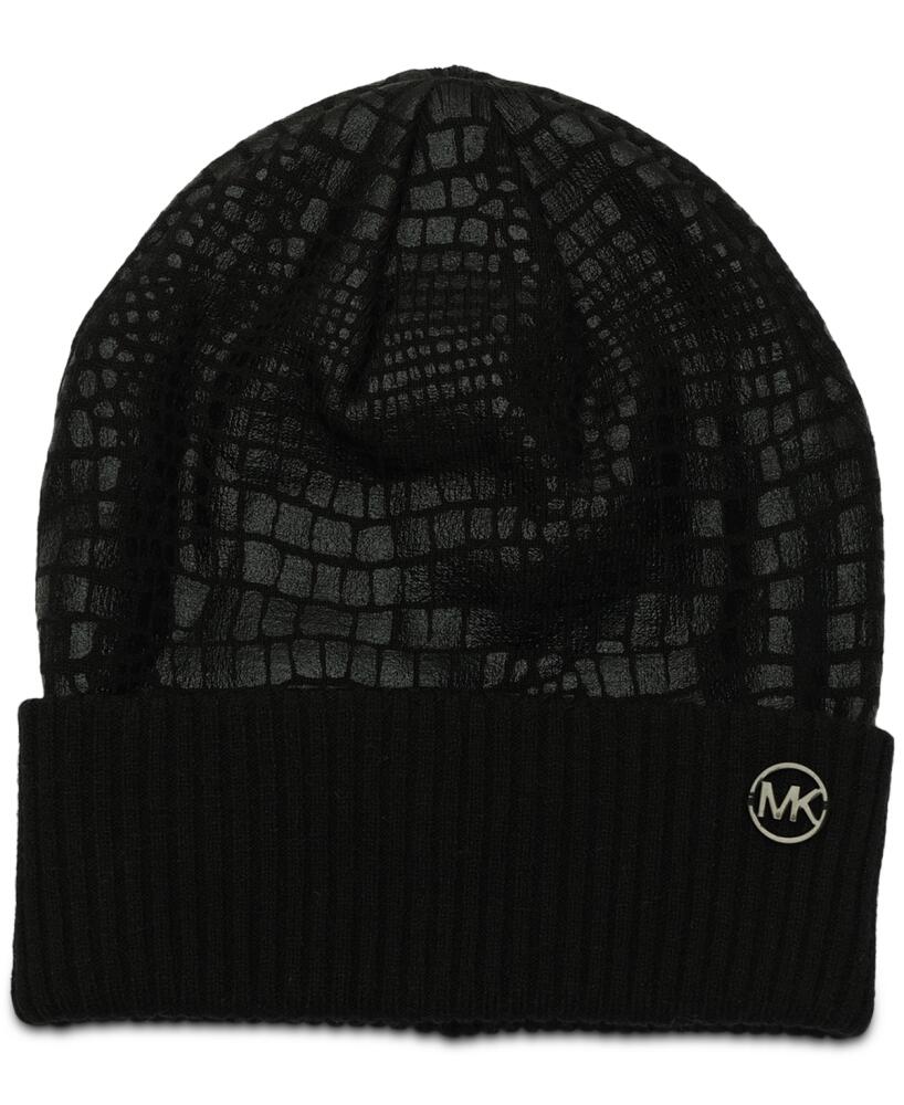 Michael Michael Kors Logo Charm Ribbed Trim Croc-Embossed Beanie - Black Cover