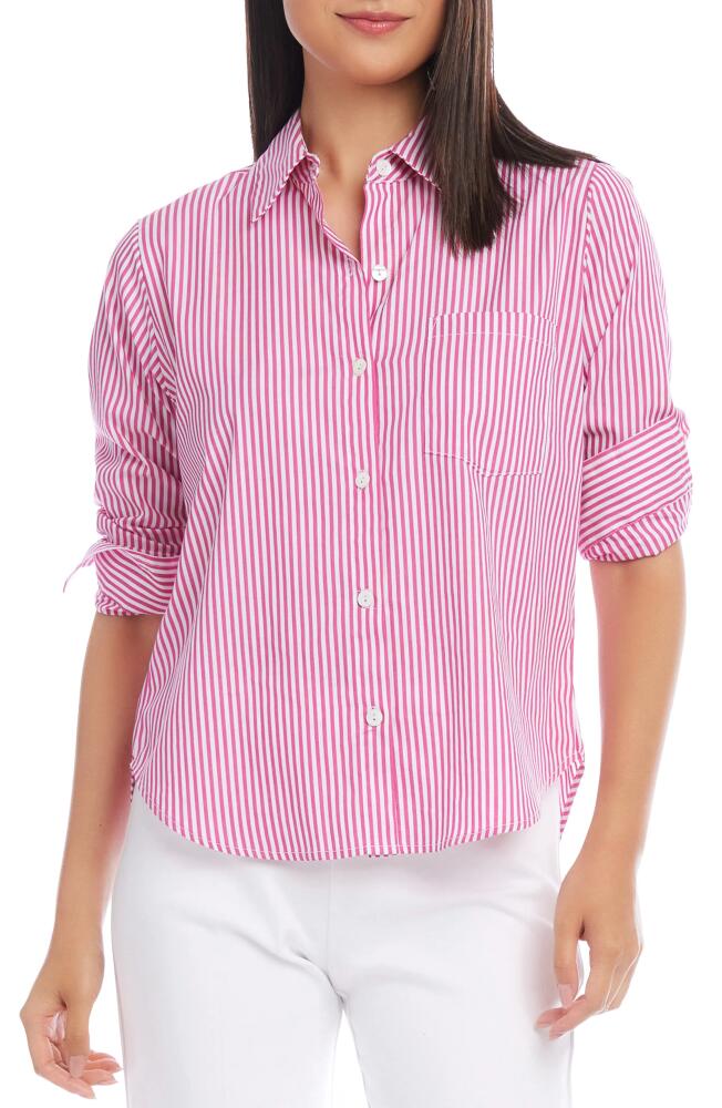 Karen Kane Stripe Ruched Sleeve Cotton Button-Up Shirt in Pink Stripe Cover