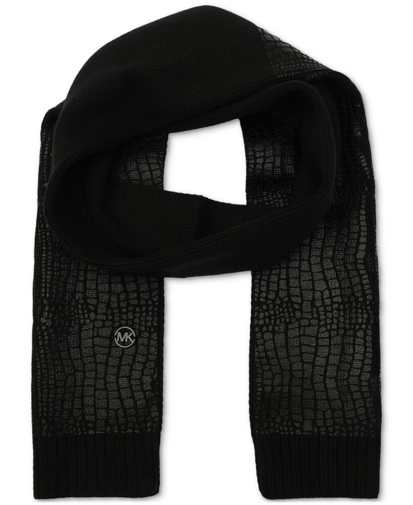 Michael Michael Kors Logo Charm Ribbed Trim Croc-Embossed Scarf - Black Cover