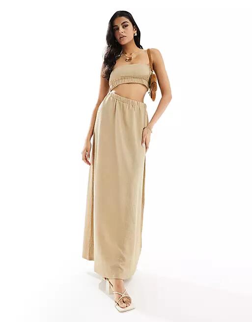 4th & Reckless textured bandeau cut out side maxi dress in light brown Cover