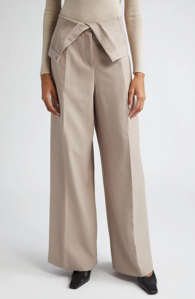 Acne Studios Foldover Waist Pleated Recycled Polyester & Wool Wide Leg Trousers in Cold Beige Cover