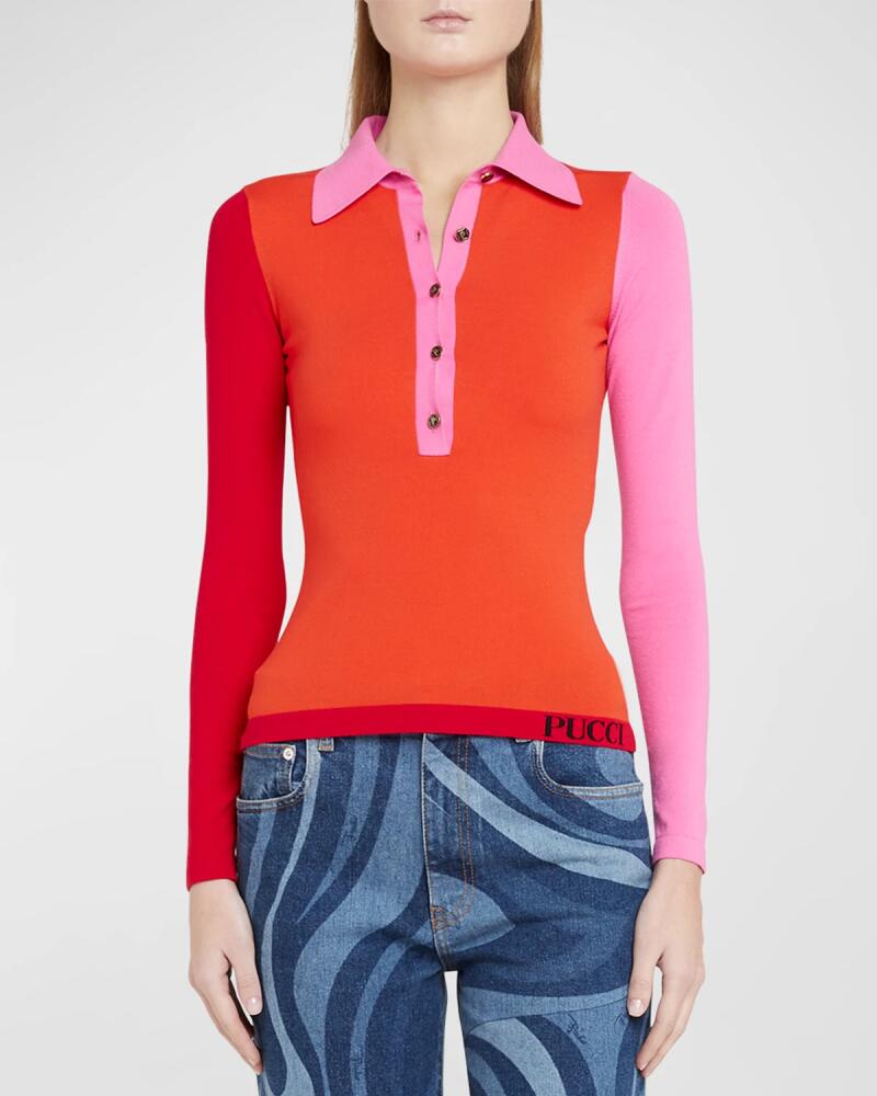 Emilio Pucci Colorblock Long-Sleeve Polo Sweater Cover