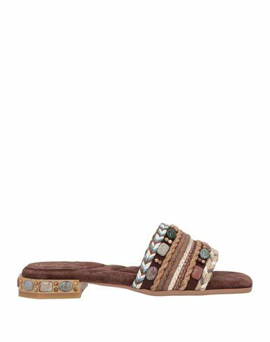 Alma En Pena. Woman Sandals Dark brown Textile fibers, Leather Cover