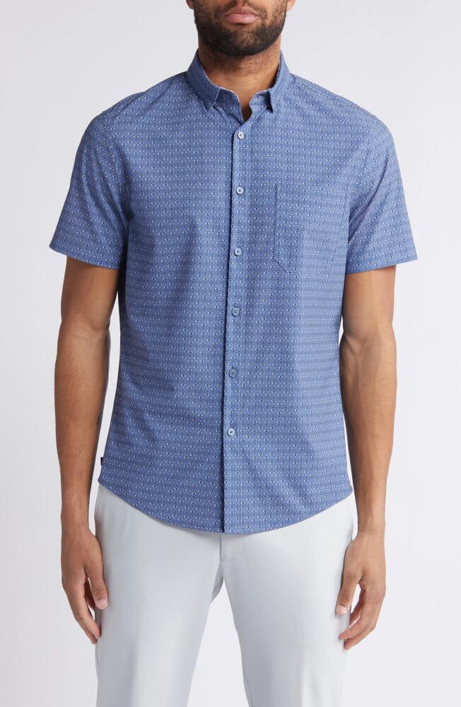 Mizzen+Main Leeward Trim Fit Print Short Sleeve Performance Button-Up Shirt in Coastal Fjord Fern Geo Cover