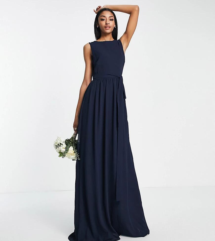 TFNC Tall Bridesmaid chiffon maxi dress with deep cowl back in navy Cover