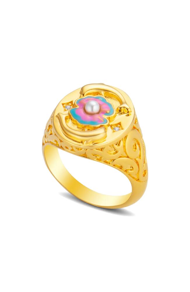 July Child Lady Neptune Signet Ring in Gold/Enamel/Cubic Zirconia Cover