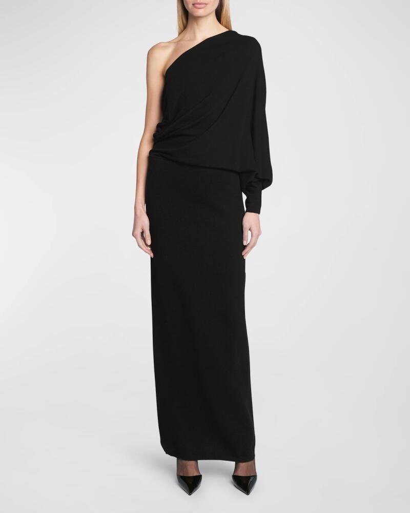 Saint Laurent Draped One-Shoulder Long-Sleeve Cashmere Knit Maxi Dress Cover