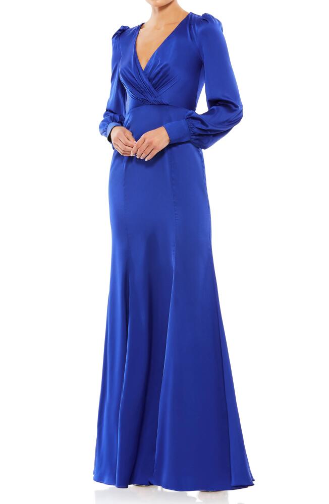 Ieena for Mac Duggal Empire Long Sleeve Satin Trumpet Gown in Royal Cover