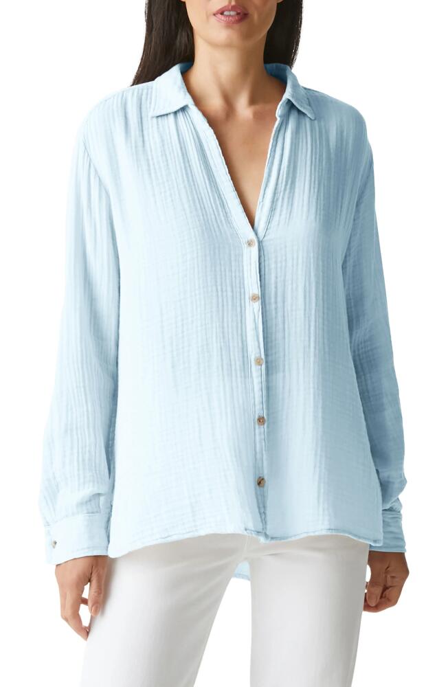 Michael Stars Leo High-Low Cotton Gauze Button-Up Shirt in Water Cover