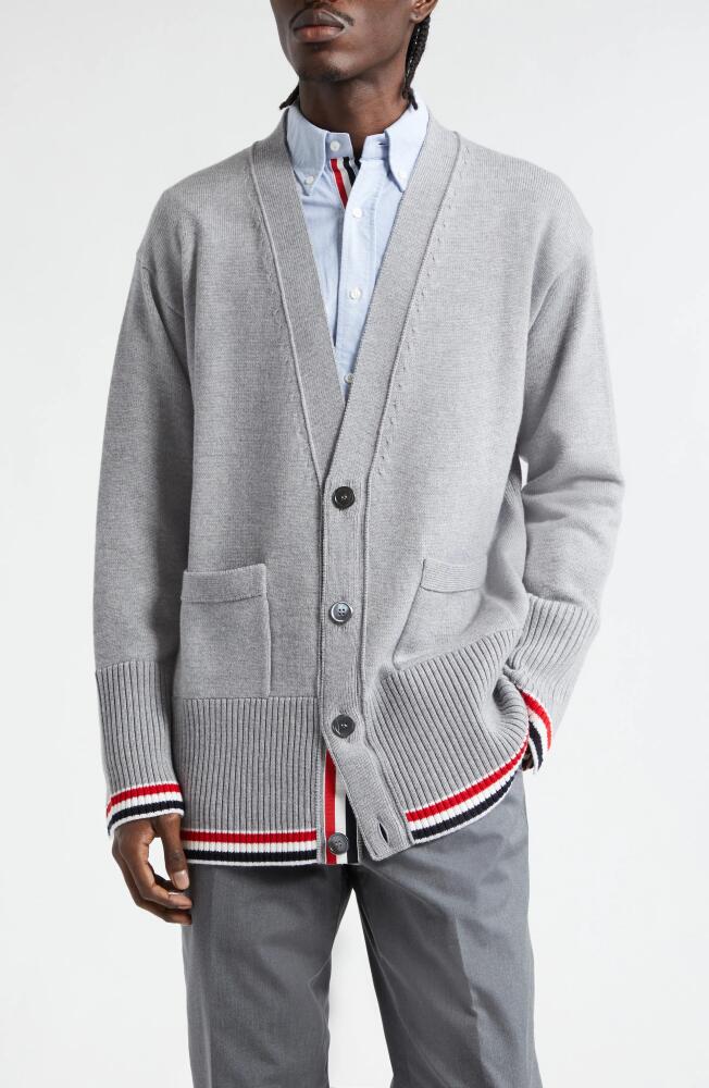 Thom Browne Virgin Wool V-Neck Cardigan in Light Grey Cover