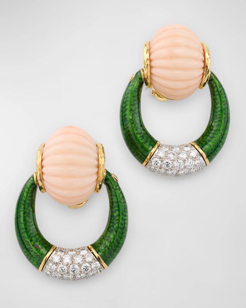 NM Estate Estate Webb 18K Yellow Gold Green Enamel, Pink Coral and Diamond Clip Earrings Cover