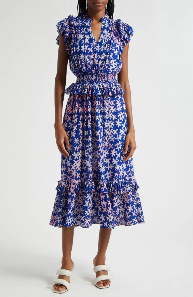 BUSAYO Bukola Tiered Midi Dress in Blue/Pink Multi Cover